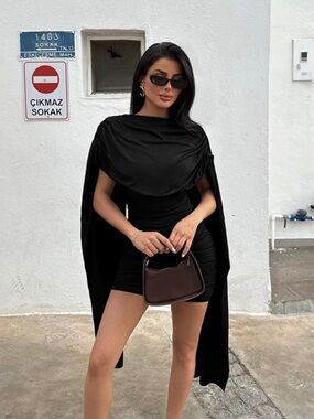 Elegant Black Cape Mini Dress - Sleek Evening Style